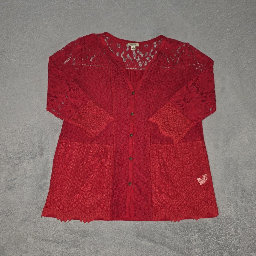 Lucky Brand Red Sheer Lace Button Front Top Size Medium
